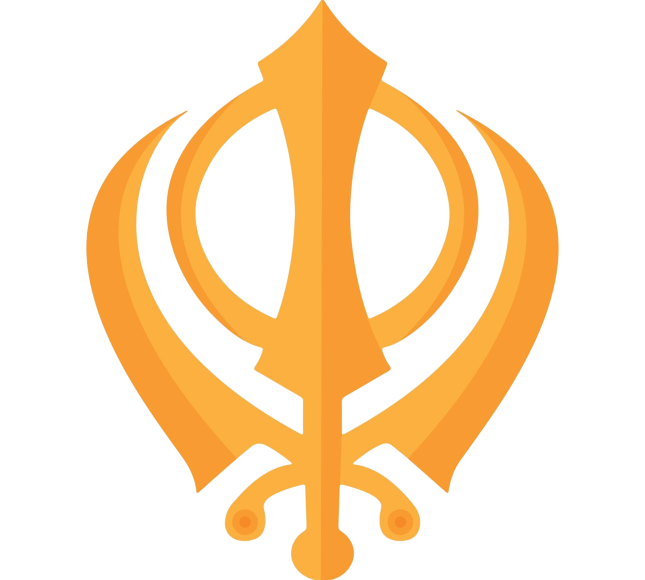 Golden Khanda Sikh symbol on white background.